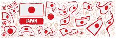 Çeşitli yaratıcı tasarımlarda Japonya ulusal bayrağının vektör kümesi