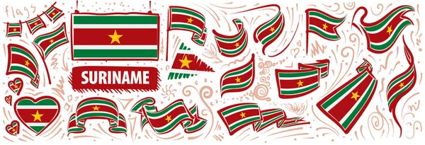 Ensemble vectoriel du drapeau national du Suriname dans divers modèles créatifs — Image vectorielle