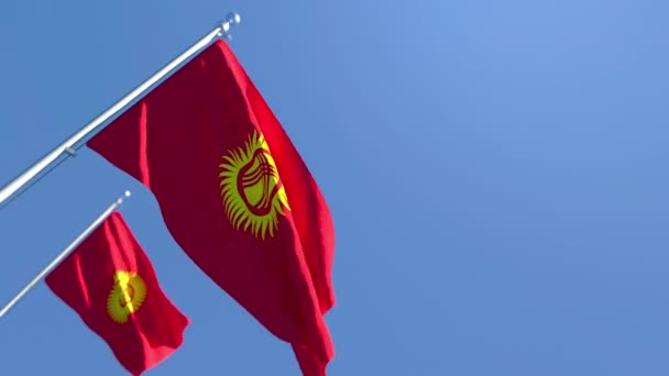 Kırgızistan 'ın ulusal bayrağı mavi gökyüzüne karşı rüzgarda dalgalanıyor. — Stok video