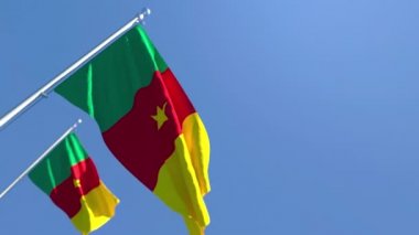Kamerun 'un ulusal bayrağı mavi gökyüzüne karşı rüzgarda dalgalanıyor.