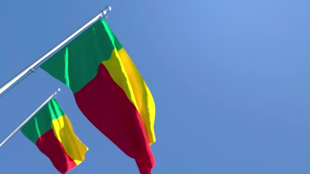 Η εθνική σημαία του Μπενίν κυματίζει στον άνεμο ενάντια στον γαλάζιο ουρανό. — Αρχείο Βίντεο