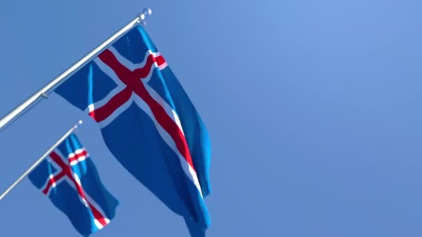 De nationale vlag van IJsland wappert in de wind tegen een blauwe lucht — Stockvideo