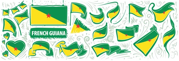 Ensemble vectoriel du drapeau national de Guyane dans différents dessins et modèles créatifs — Image vectorielle