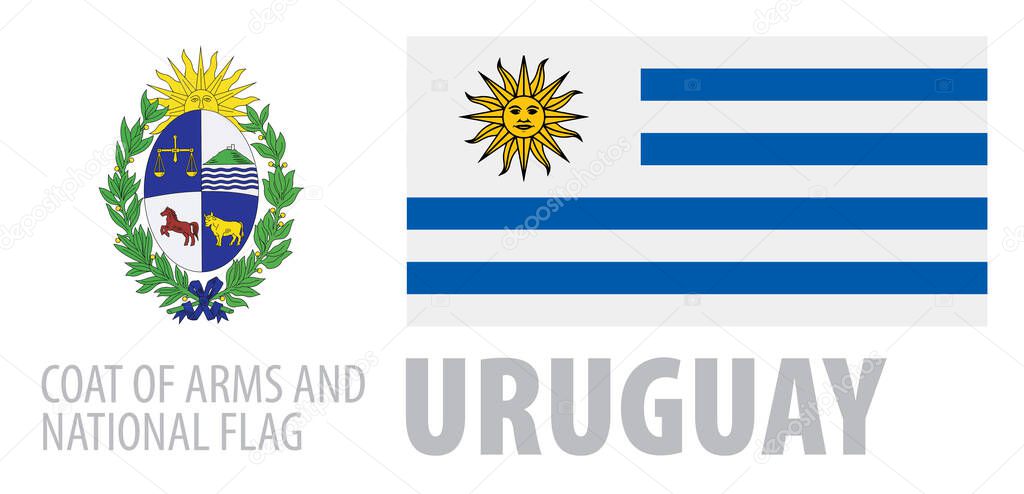 Vector set of the coat of arms and national flag of Uruguay