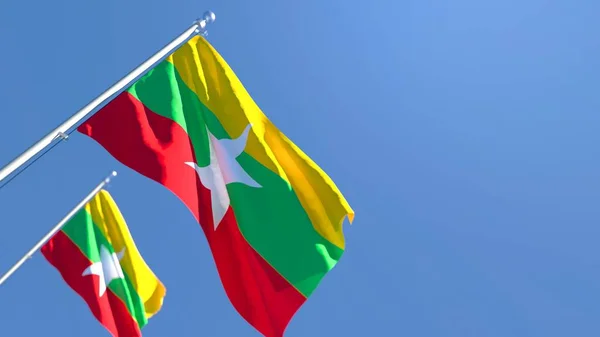 Representación en 3D de la bandera nacional de Myanmar ondeando al viento — Foto de Stock