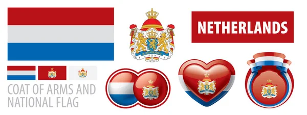 Vector set of the coat of arms and national flag of Netherlands — Stock Vector