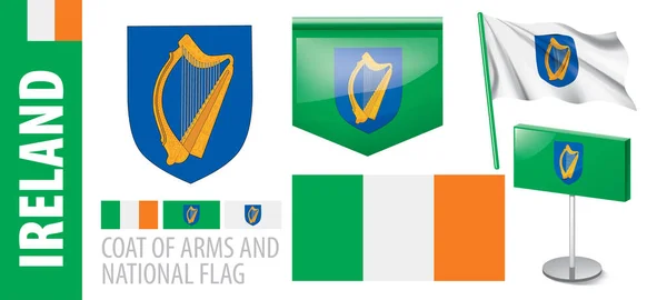 Vektorová sada erbu a národní vlajky Irska — Stockový vektor