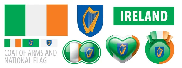 Conjunto de vectores del escudo de armas y la bandera nacional de Irlanda — Vector de stock
