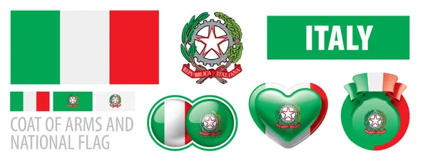 Conjunto de vectores del escudo de armas y la bandera nacional de Italia — Vector de stock