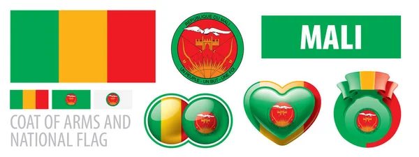 Conjunto de vectores del escudo de armas y la bandera nacional de Malí — Vector de stock