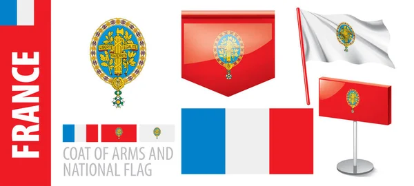 Conjunto de vectores del escudo de armas y la bandera nacional de Francia — Vector de stock