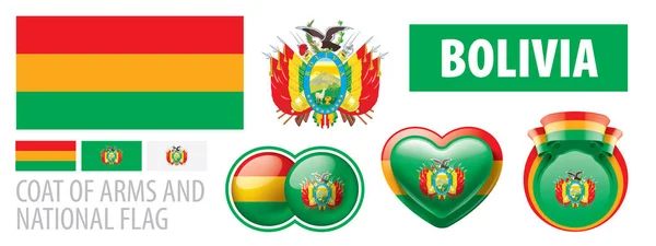 Vector set of the coat of arms and national flag of Bolivia — Stock Vector