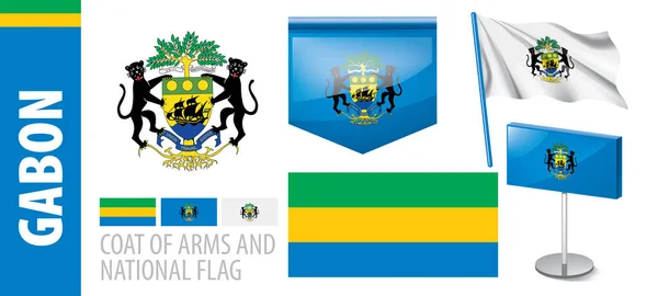 Conjunto vectorial del escudo de armas y bandera nacional de Gabón — Vector de stock
