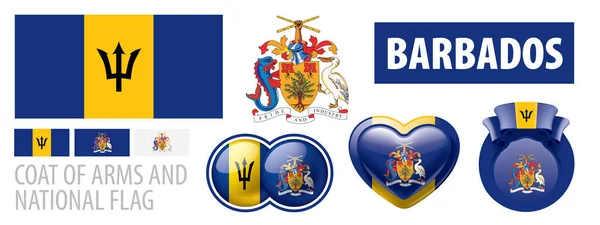 Conjunto de vectores del escudo de armas y la bandera nacional de Barbados — Vector de stock