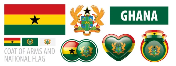 Conjunto de vectores del escudo de armas y la bandera nacional de Ghana — Vector de stock