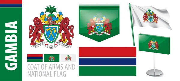 Conjunto de vectores del escudo de armas y la bandera nacional de Gambia — Vector de stock