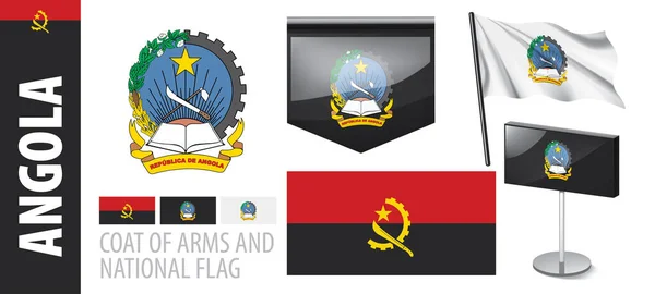 Conjunto de vectores del escudo de armas y bandera nacional de Angola — Vector de stock