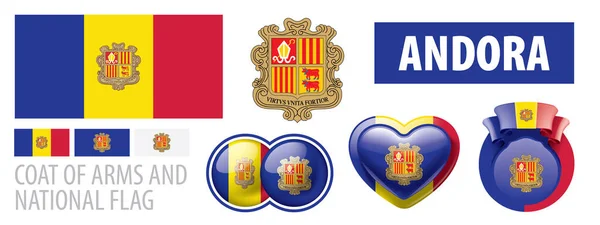 Conjunto de vectores del escudo de armas y bandera nacional de Andorra — Vector de stock