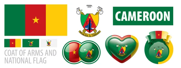 Conjunto vectorial del escudo de armas y bandera nacional de Camerún — Vector de stock