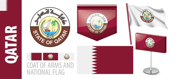 Conjunto de vectores del escudo de armas y la bandera nacional de Qatar — Vector de stock