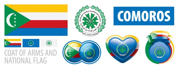Conjunto vectorial del escudo de armas y bandera nacional de Comoras — Vector de stock