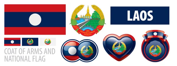 Conjunto vectorial del escudo de armas y bandera nacional de Laos — Vector de stock