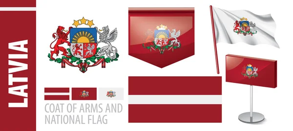 Conjunto de vectores del escudo de armas y la bandera nacional de Letonia — Vector de stock