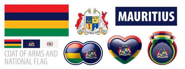 Conjunto de vectores del escudo de armas y la bandera nacional de Mauricio — Vector de stock