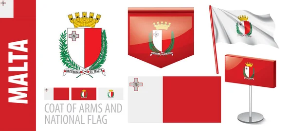 Conjunto de vectores del escudo de armas y la bandera nacional de Malta — Vector de stock