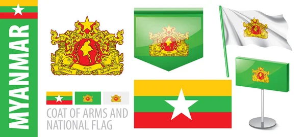 Conjunto de vectores del escudo de armas y la bandera nacional de Myanmar — Vector de stock
