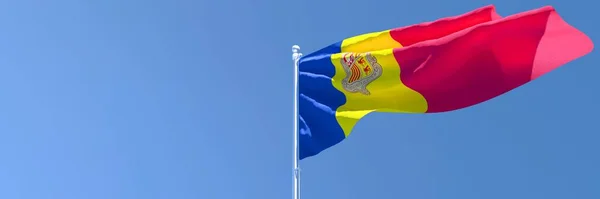 Representación en 3D de la bandera nacional de Andorra ondeando al viento — Foto de Stock