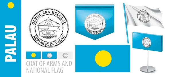 Conjunto vectorial del escudo de armas y bandera nacional de Palaos — Vector de stock