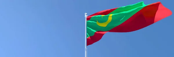 Rendering 3D della bandiera nazionale della Mauritania sventola nel vento — Foto Stock