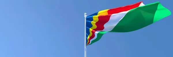 सेशेल्स के राष्ट्रीय ध्वज का 3 डी रेंडरिंग हवा में झुक रहा है — स्टॉक फ़ोटो, इमेज