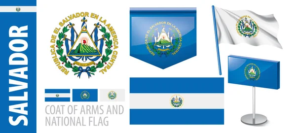Conjunto de vectores del escudo de armas y bandera nacional de Salvador — Vector de stock
