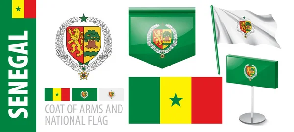 Conjunto de vectores del escudo de armas y la bandera nacional de Senegal — Vector de stock