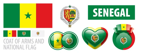Conjunto de vectores del escudo de armas y la bandera nacional de Senegal — Vector de stock