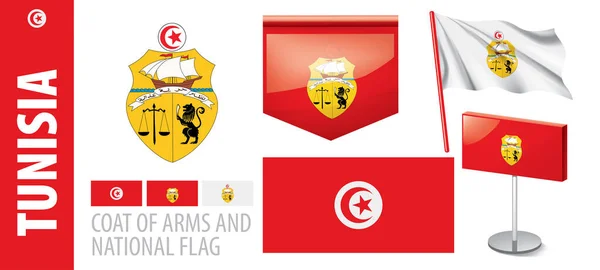 Conjunto de vectores del escudo de armas y la bandera nacional de Túnez — Vector de stock