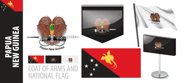 Conjunto de vectores del escudo de armas y la bandera nacional de Papúa Nueva Guinea — Vector de stock
