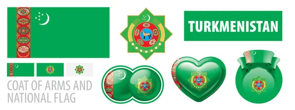 Conjunto vectorial del escudo de armas y la bandera nacional de Turkmenistán — Vector de stock