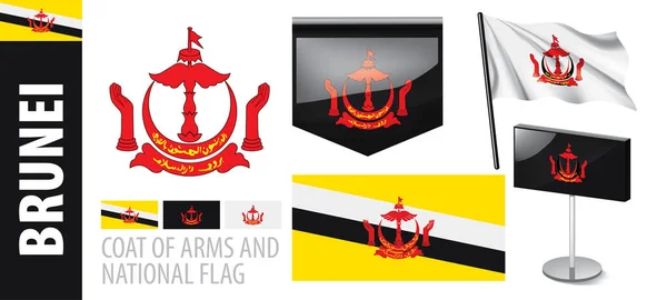 Conjunto vectorial del escudo de armas y bandera nacional de Brunéi — Vector de stock
