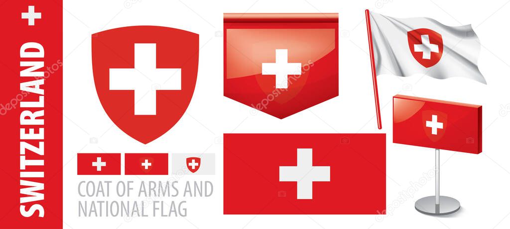 Vector set of the coat of arms and national flag of Switzerland
