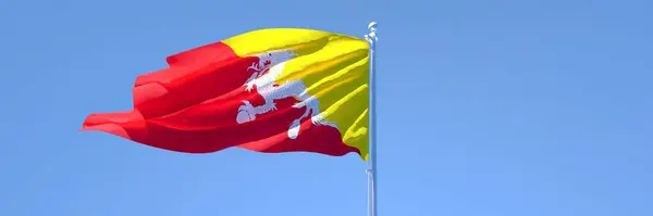 Representación en 3D de la bandera nacional de Bután ondeando al viento — Foto de Stock