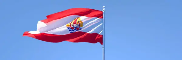 Representación en 3D de la bandera nacional de la Polinesia Francesa ondeando al viento — Foto de Stock