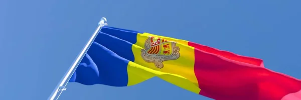 Representación en 3D de la bandera nacional de Andorra ondeando al viento — Foto de Stock
