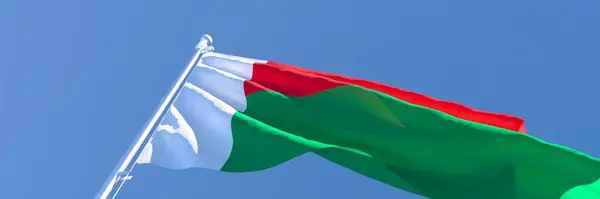 3D απόδοση της εθνικής σημαίας της Μαδαγασκάρης κυματίζει στον άνεμο — Φωτογραφία Αρχείου