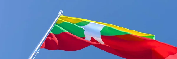 Representación en 3D de la bandera nacional de Myanmar ondeando al viento — Foto de Stock