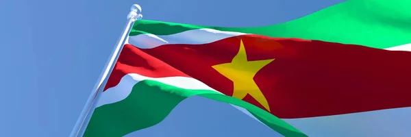 Representación 3D de la bandera nacional de Surinam ondeando en el viento — Foto de Stock