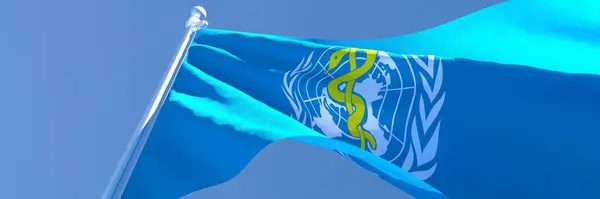 Dünya Sağlık Örgütü WHO 'nun ulusal bayrağının 3 boyutlu yorumlanması rüzgarda sallanıyor — Stok fotoğraf