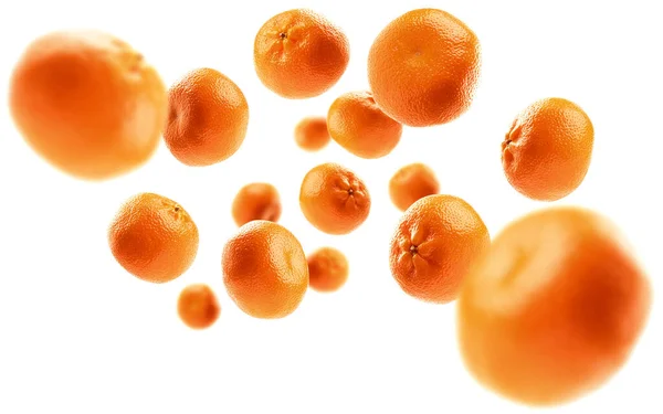 Naranjas enteras levitan sobre un fondo blanco — Foto de Stock